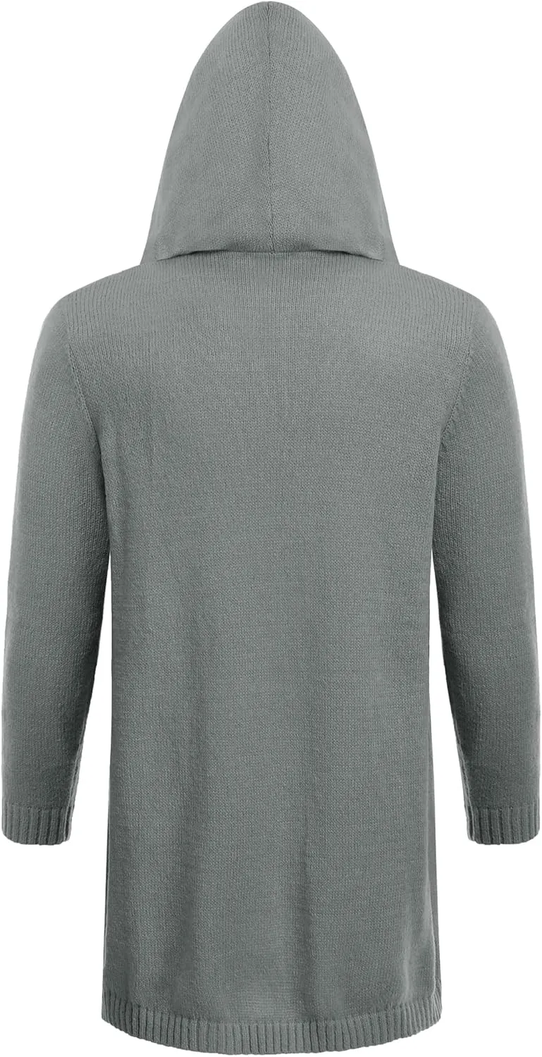 COOFANDY Mens Long Open Front Cardigan Sweater Lightweight Hooded Knitted Cardigan Sweaters with Pockets