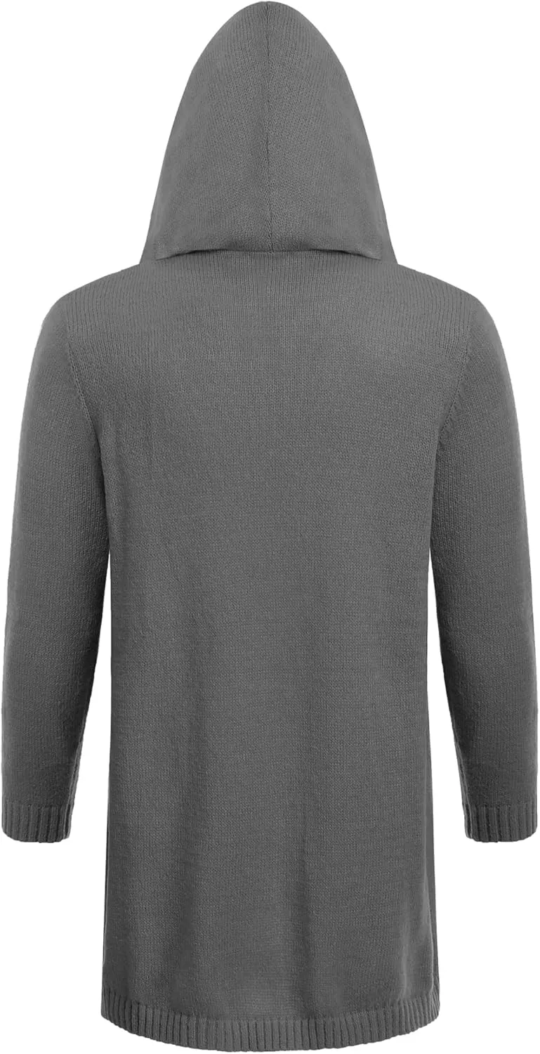 COOFANDY Mens Long Open Front Cardigan Sweater Lightweight Hooded Knitted Cardigan Sweaters with Pockets