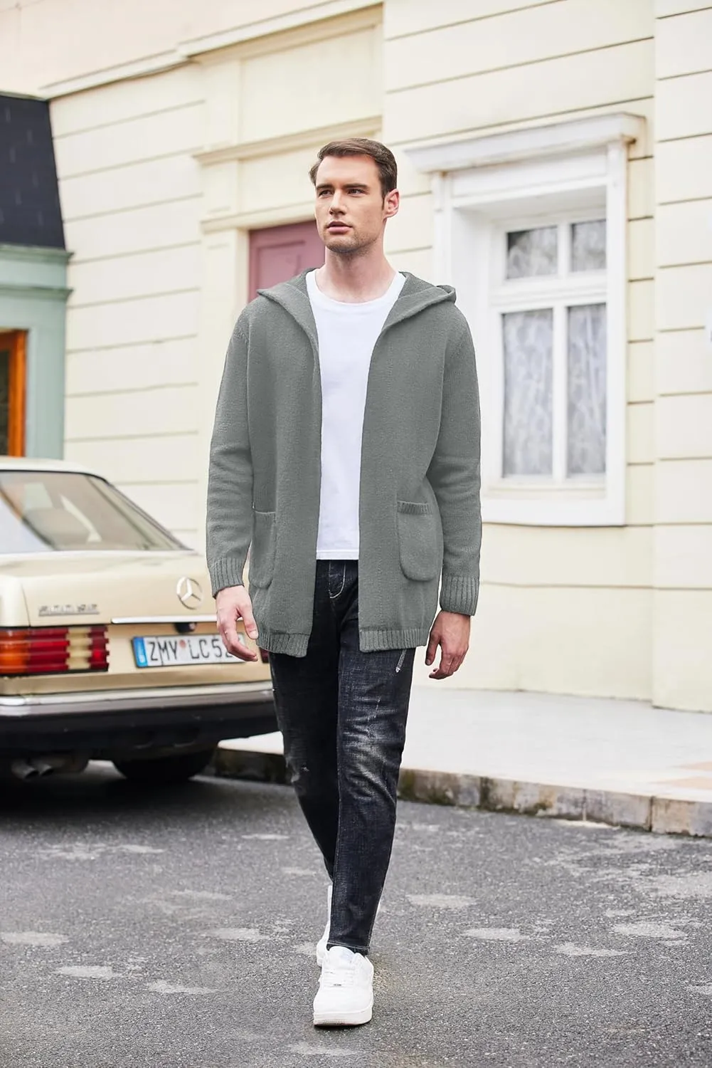 COOFANDY Mens Long Open Front Cardigan Sweater Lightweight Hooded Knitted Cardigan Sweaters with Pockets