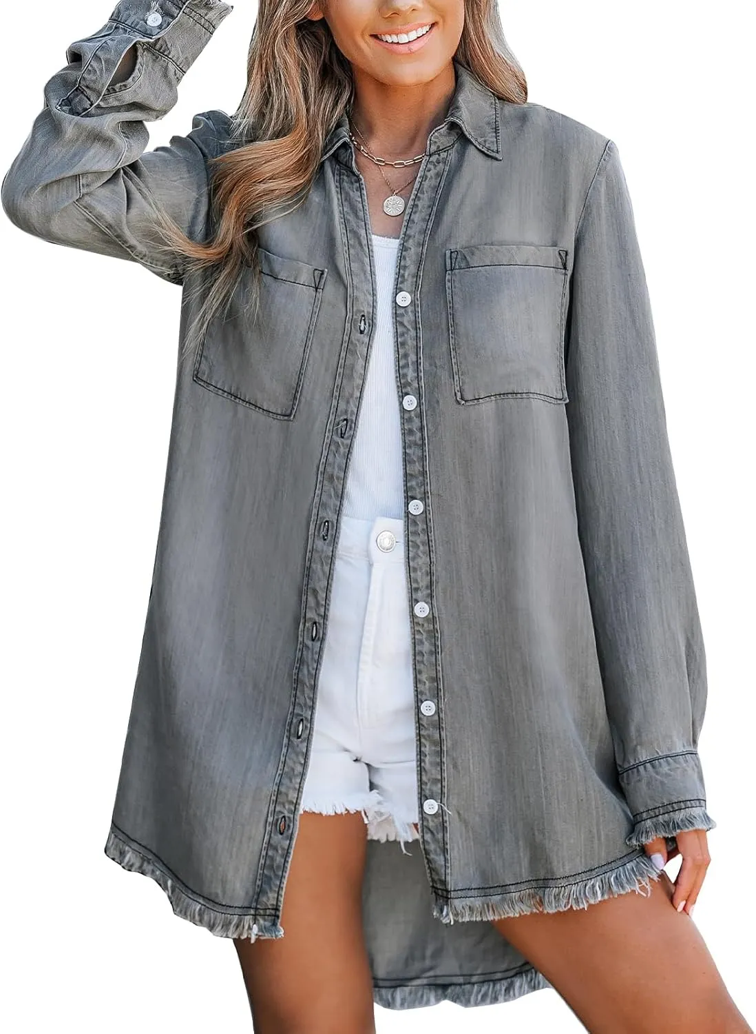CUPSHE Womens Denim Shirt Dress Long Sleeve Button Down Casual Loose Jean Dresses with Pockets