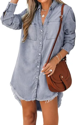 CUPSHE Womens Denim Shirt Dress Long Sleeve Button Down Casual Loose Jean Dresses with Pockets