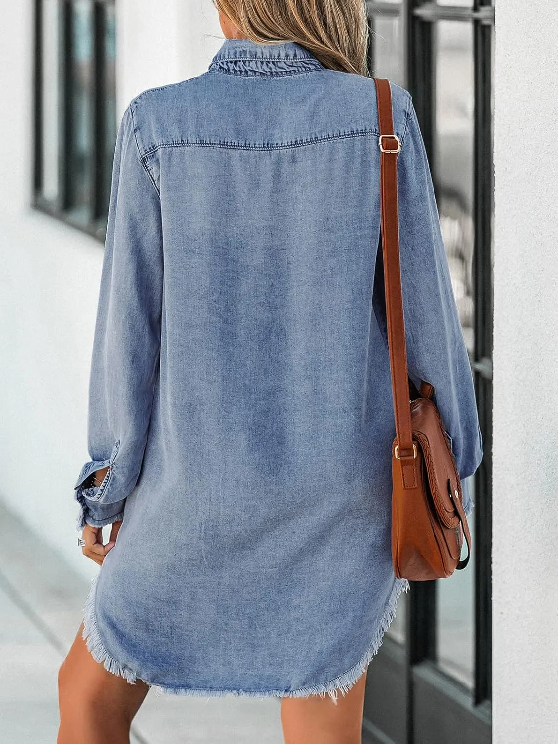 CUPSHE Womens Denim Shirt Dress Long Sleeve Button Down Casual Loose Jean Dresses with Pockets