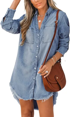 CUPSHE Womens Denim Shirt Dress Long Sleeve Button Down Casual Loose Jean Dresses with Pockets