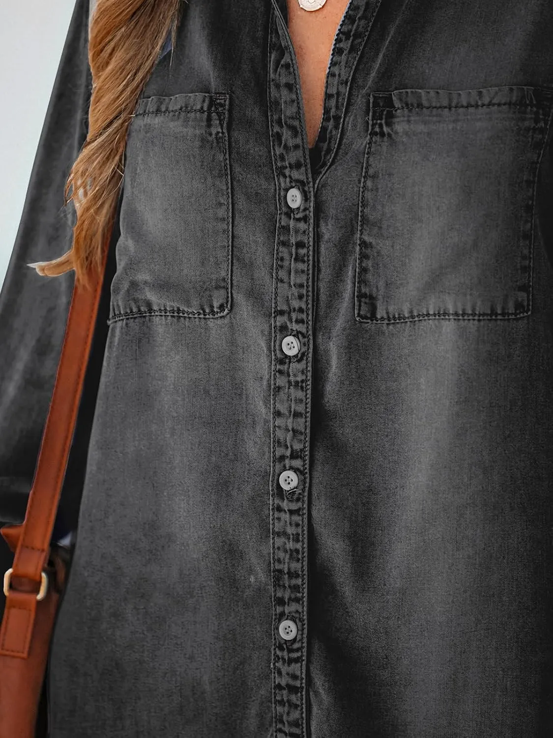 CUPSHE Womens Denim Shirt Dress Long Sleeve Button Down Casual Loose Jean Dresses with Pockets