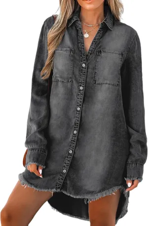 CUPSHE Womens Denim Shirt Dress Long Sleeve Button Down Casual Loose Jean Dresses with Pockets
