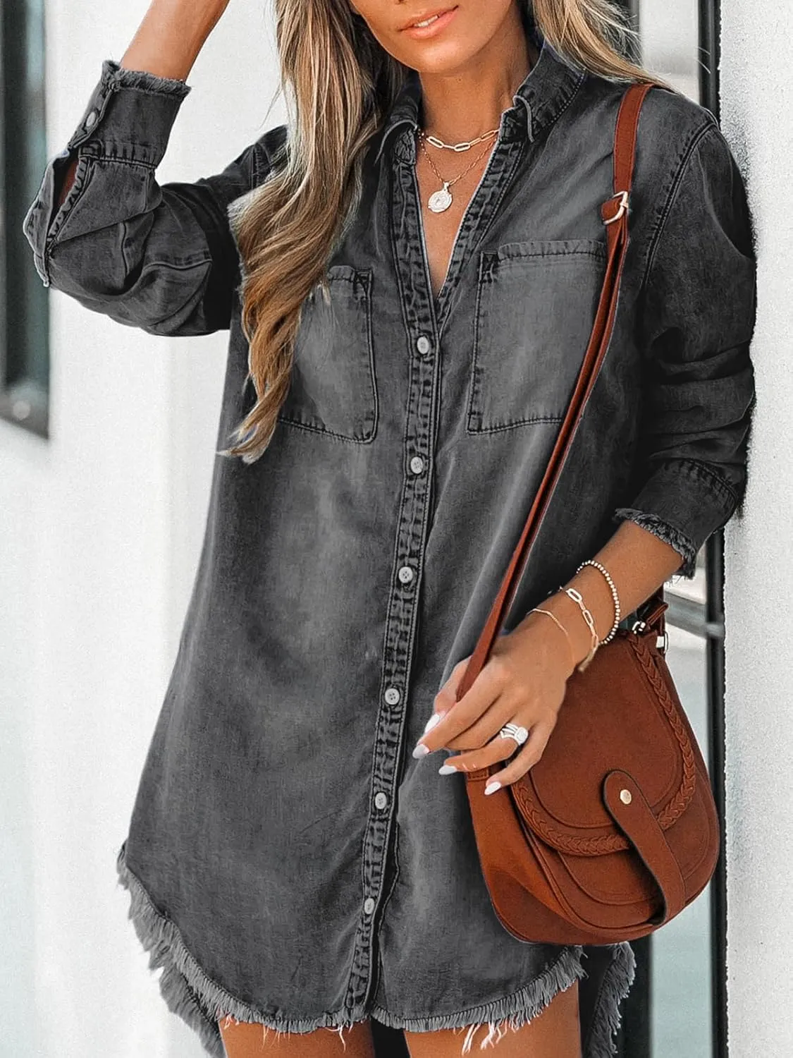 CUPSHE Womens Denim Shirt Dress Long Sleeve Button Down Casual Loose Jean Dresses with Pockets