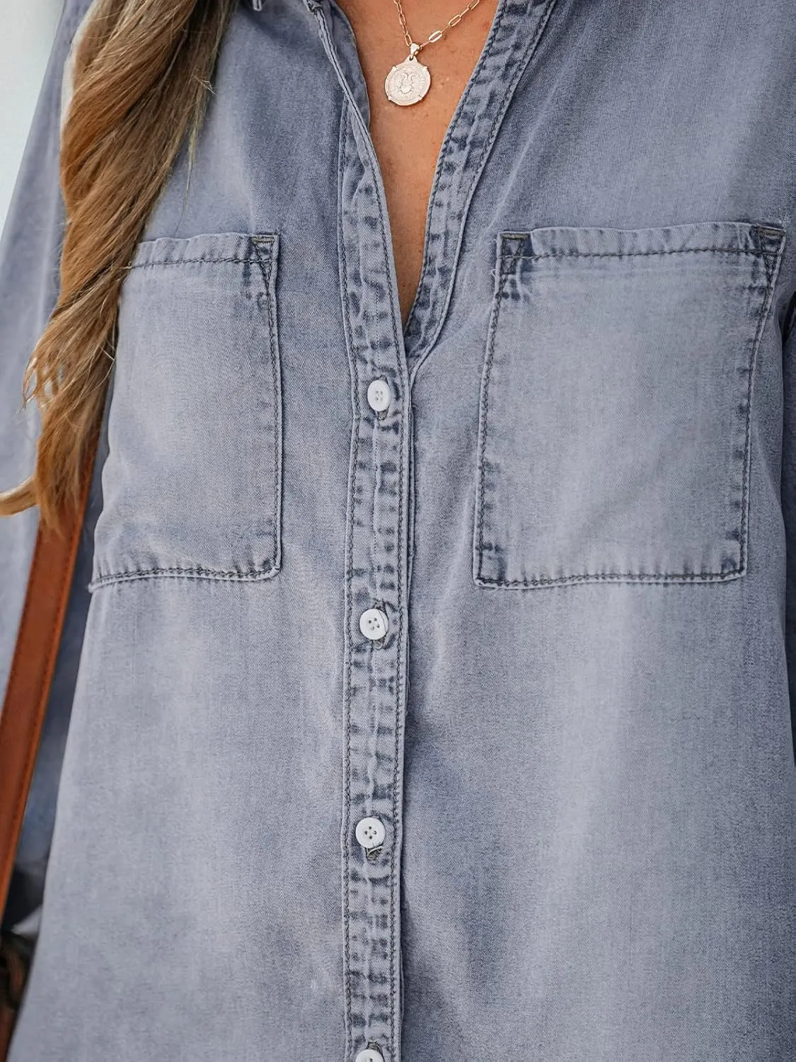 CUPSHE Womens Denim Shirt Dress Long Sleeve Button Down Casual Loose Jean Dresses with Pockets