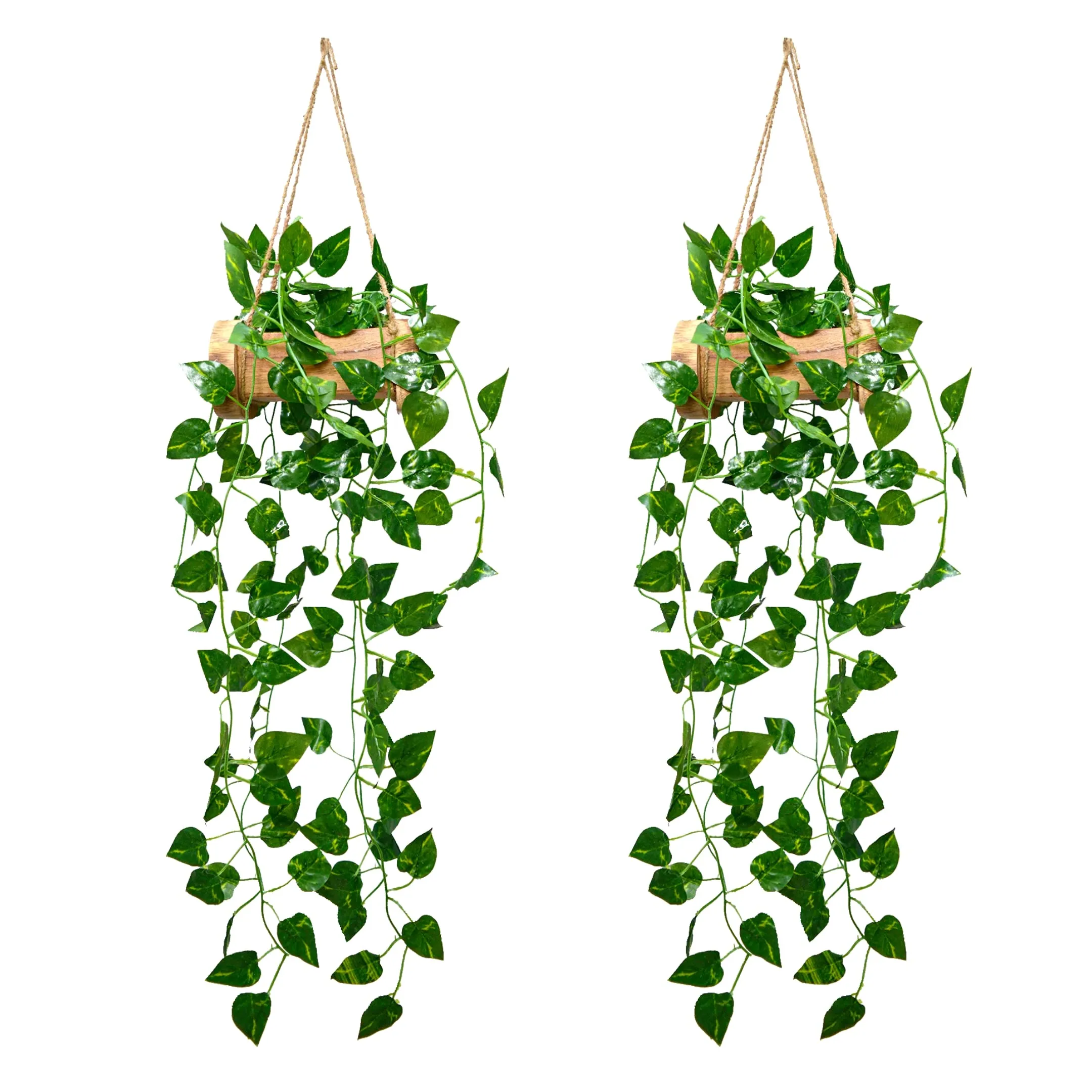 DecoreBugs Artificial Money Plant Leaves Wall Hangings for Home Decoration with Wooden Pot pack of 2 (Hanging Fall 60 CM), Decorative Items for Home Living Room and Office