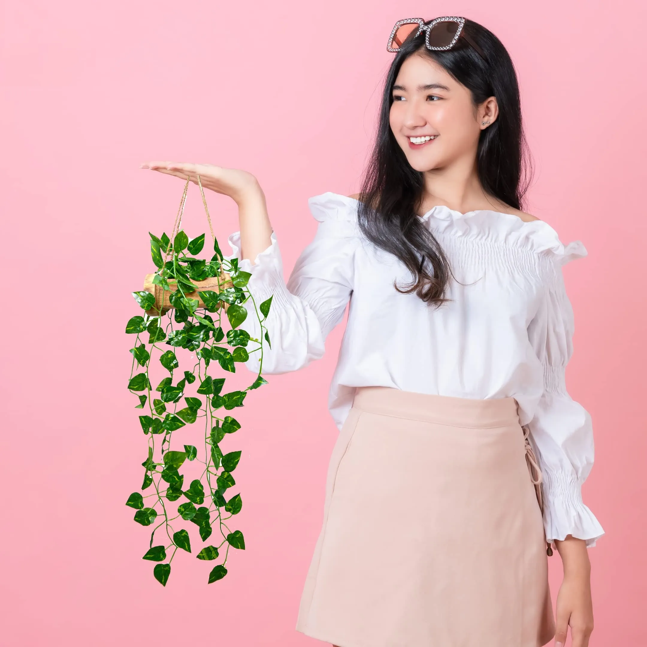 DecoreBugs Artificial Money Plant Leaves Wall Hangings for Home Decoration with Wooden Pot pack of 2 (Hanging Fall 60 CM), Decorative Items for Home Living Room and Office