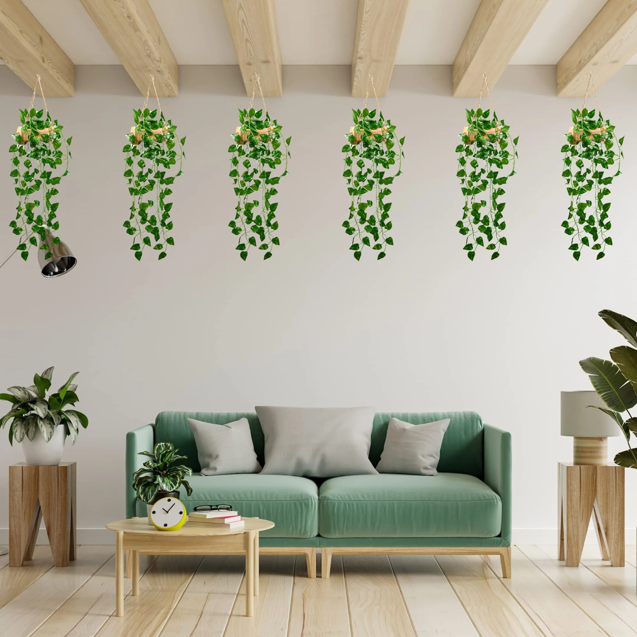 DecoreBugs Artificial Money Plant Leaves Wall Hangings for Home Decoration with Wooden Pot pack of 2 (Hanging Fall 60 CM), Decorative Items for Home Living Room and Office