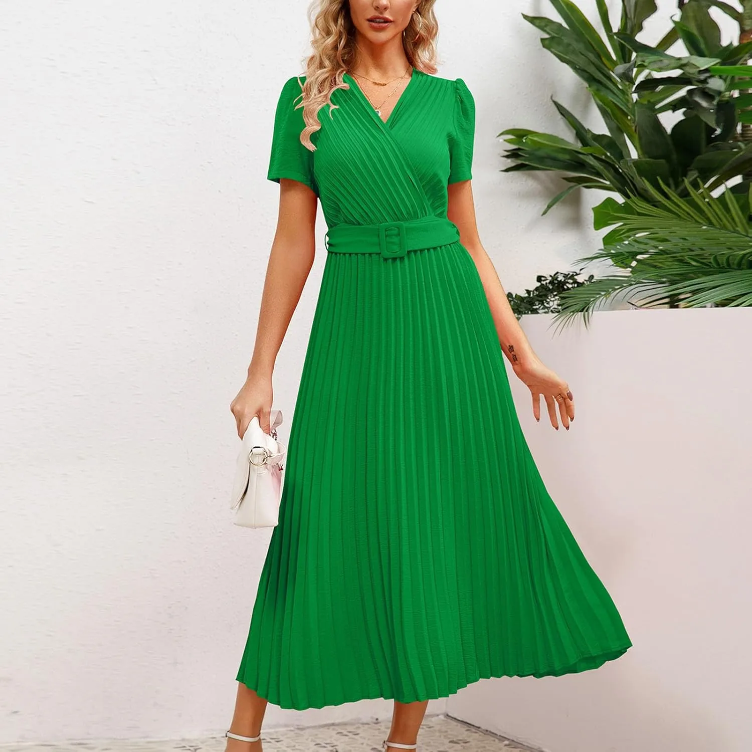 Dresses for Women Plus Size Elegant Pleated Daily Wear Dress Flowy Maxi Dress Short Sleeve Loose Casual Dresses