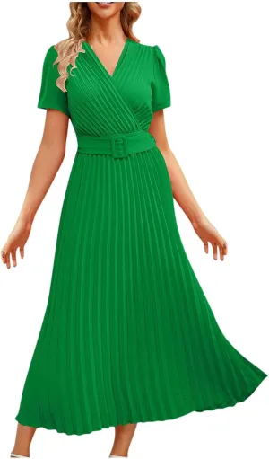 Dresses for Women Plus Size Elegant Pleated Daily Wear Dress Flowy Maxi Dress Short Sleeve Loose Casual Dresses