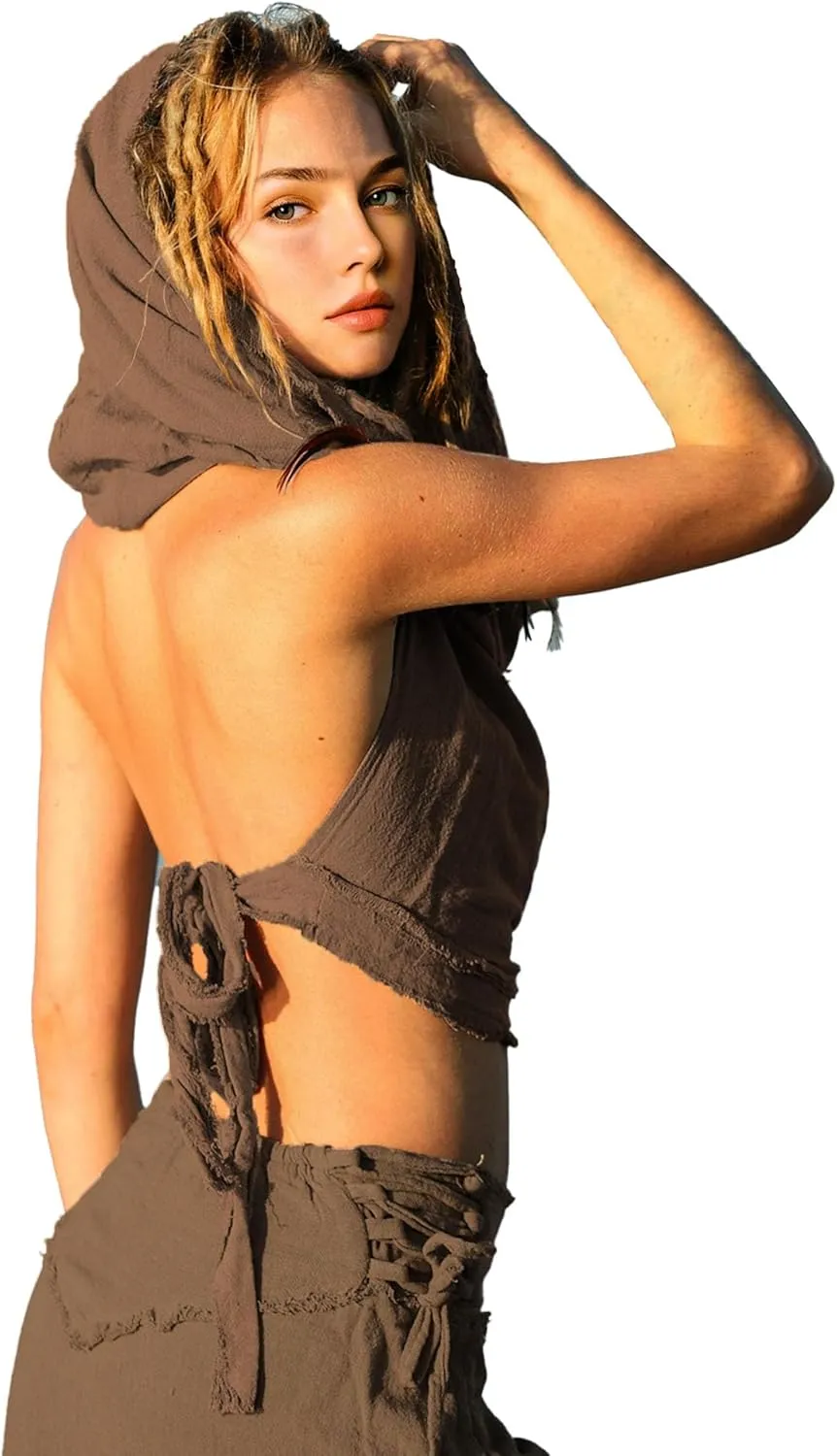 Dune Style Women's Crop Tank Top - Halter, Boho Open Back, Cross Wrap Swim Cover Up, 100% Cotton, Washed Raw-Edge
