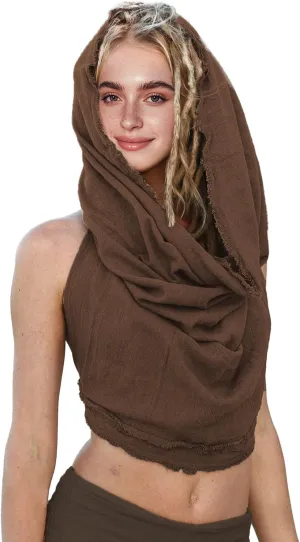Dune Style Women's Crop Tank Top - Halter, Boho Open Back, Cross Wrap Swim Cover Up, 100% Cotton, Washed Raw-Edge