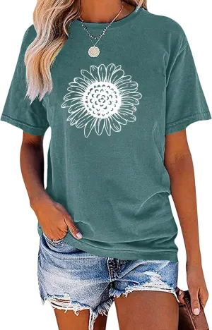 EADINVE Women's Summer Short Sleeve Cute Sunflower Graphic Printed Tee Vintage T Shirt Cotton Tops Novelty Cool Shirts