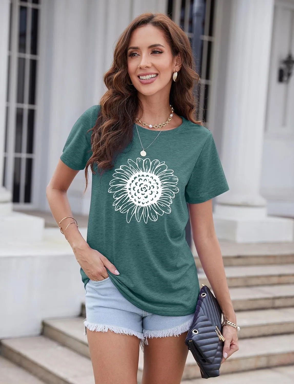 EADINVE Women's Summer Short Sleeve Cute Sunflower Graphic Printed Tee Vintage T Shirt Cotton Tops Novelty Cool Shirts