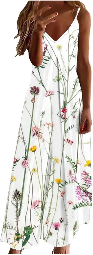 Early Day Women's Summer Spaghetti Strap Elegant Long Dresses Plus Size Vacation Flowy Beach Dress Loose Floor Length Dress Dresses for Women 2024 Elegant White L