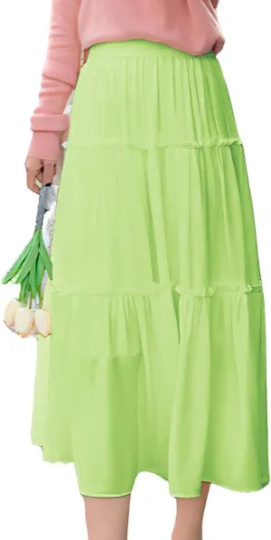 ebossy Women's High Elastic Waist Pleated Chiffon Skirt Ruffle Tiered A-Line Swing Midi Skirts