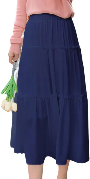 ebossy Women's High Elastic Waist Pleated Chiffon Skirt Ruffle Tiered A-Line Swing Midi Skirts