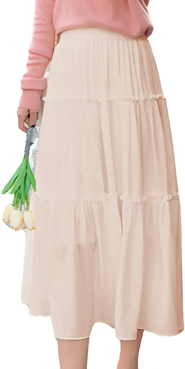 ebossy Women's High Elastic Waist Pleated Chiffon Skirt Ruffle Tiered A-Line Swing Midi Skirts
