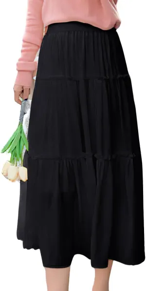ebossy Women's High Elastic Waist Pleated Chiffon Skirt Ruffle Tiered A-Line Swing Midi Skirts
