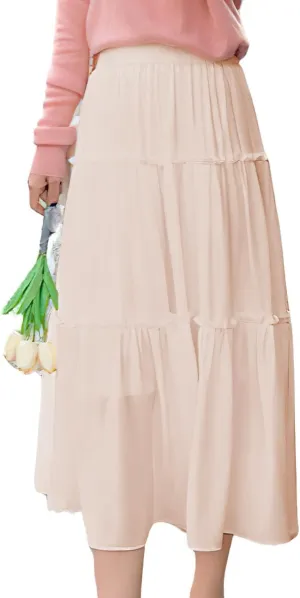 ebossy Women's High Elastic Waist Pleated Chiffon Skirt Ruffle Tiered A-Line Swing Midi Skirts