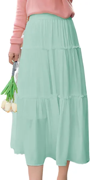 ebossy Women's High Elastic Waist Pleated Chiffon Skirt Ruffle Tiered A-Line Swing Midi Skirts