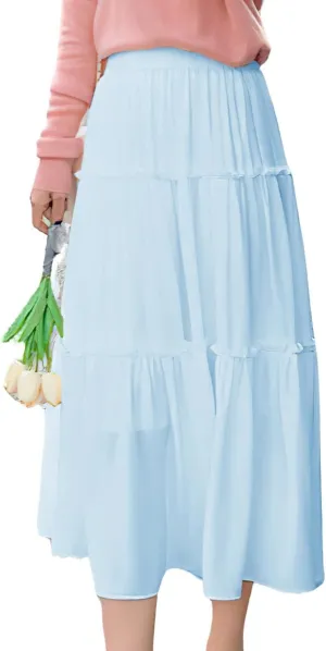 ebossy Women's High Elastic Waist Pleated Chiffon Skirt Ruffle Tiered A-Line Swing Midi Skirts