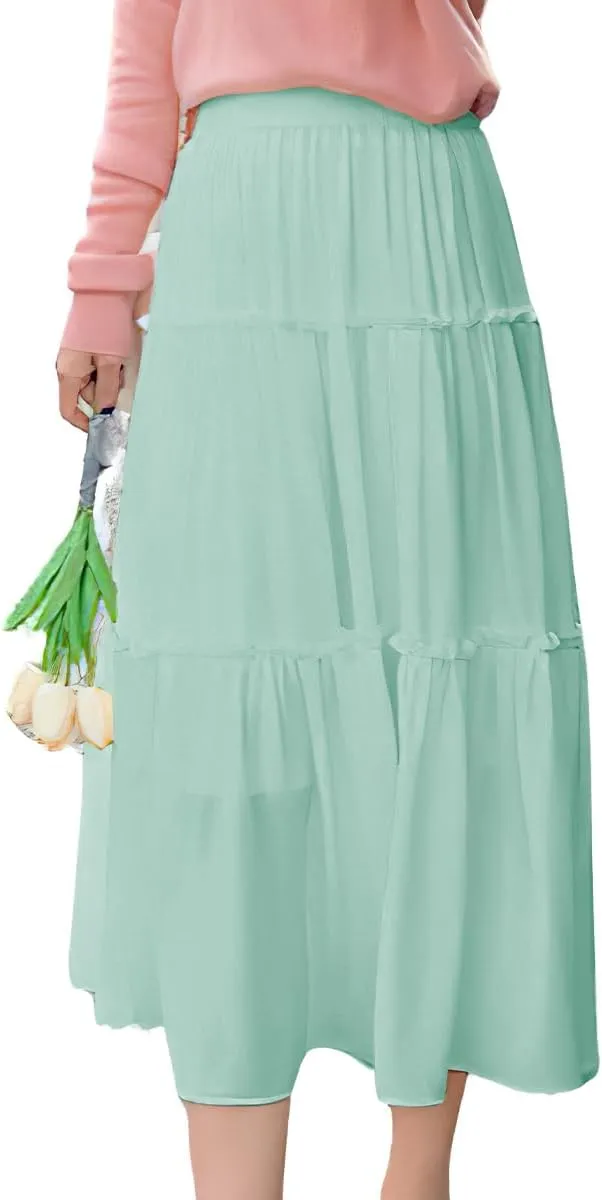ebossy Women's High Elastic Waist Pleated Chiffon Skirt Ruffle Tiered A-Line Swing Midi Skirts