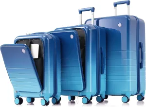 Effortless Travel Luggage Set of 3 with USB Port, Airline Certified Carry-On, Front Opening Design, Spinner Wheels, Blue