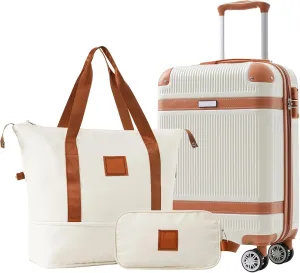 Effortless Travel with 3-Piece Hardshell Luggage Set, Carry-On Suitcase with Spinner Wheels, Travel Duffel Bag and Toiletry Bag, White