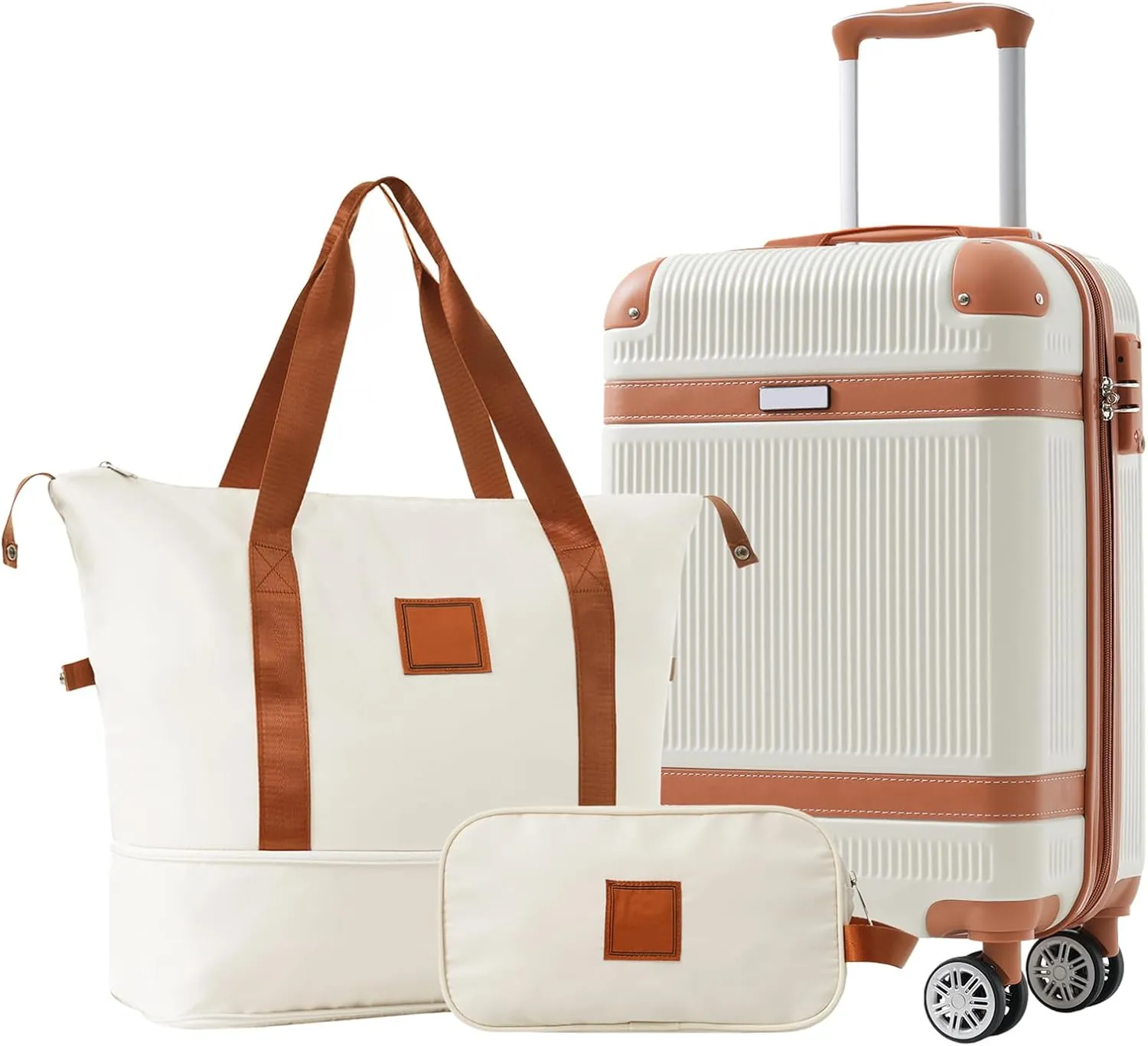 Effortless Travel with 3-Piece Hardshell Luggage Set, Carry-On Suitcase with Spinner Wheels, Travel Duffel Bag and Toiletry Bag, White