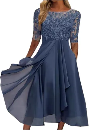Elegant Embroidery Women Midi Dresses Summer Flowy Lace Cap Sleeve Dress 2025 Chiffon Plus Size Formal Evening Gowns
