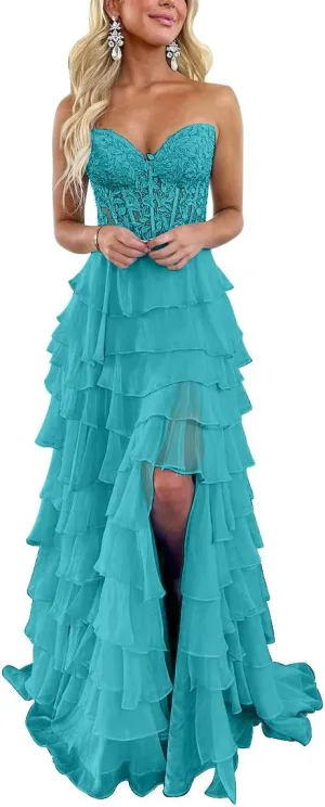 Elegant Ruffle Tiered Chiffon Prom Dresses Lace Applique Strapless Side Split Ball Gown Formal Evening Gown