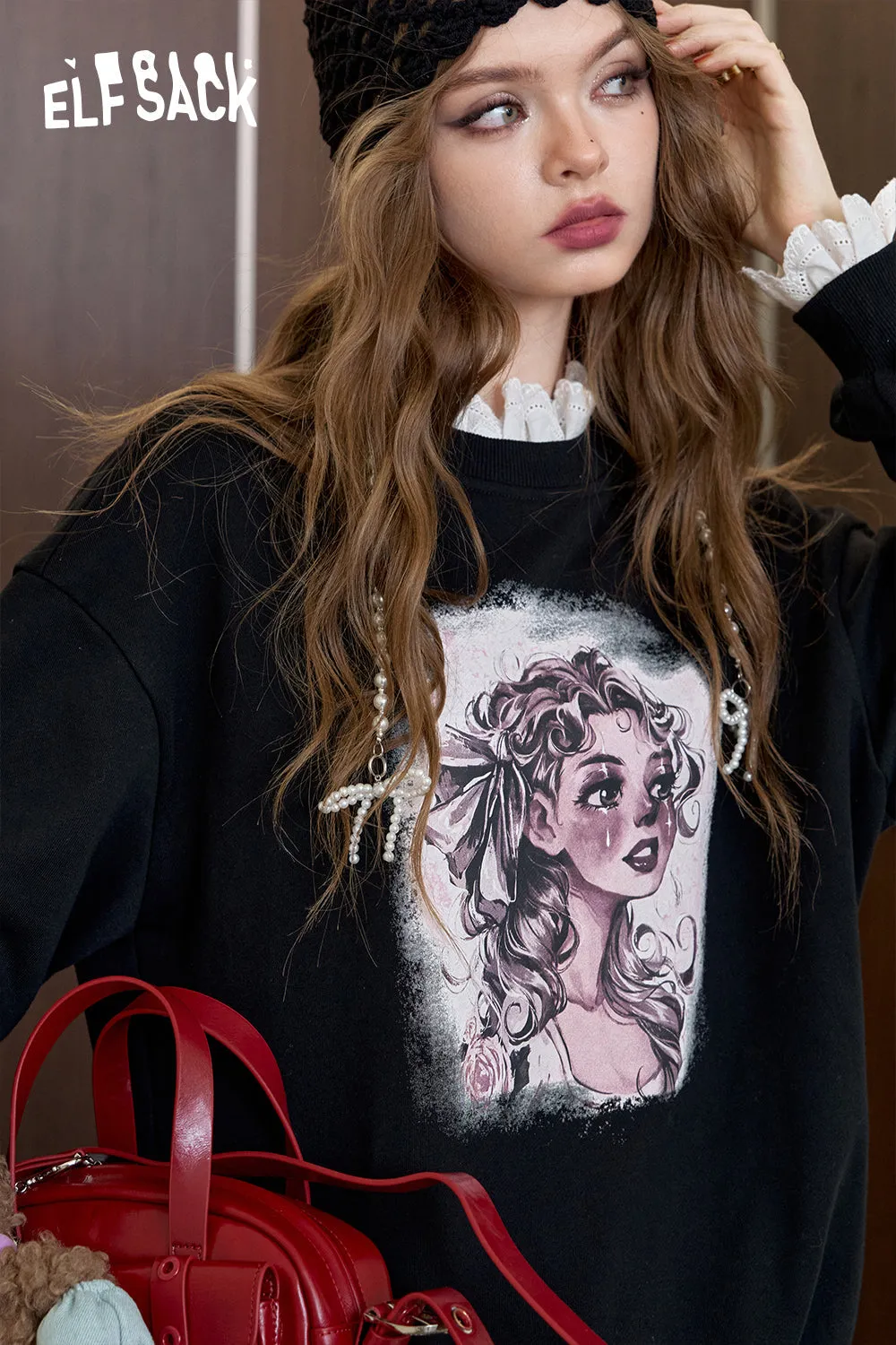 ELFSACK 2024 Autumn New Arrive Lace stitched casual printed round neck hoodie for women, loose fit and slimming top