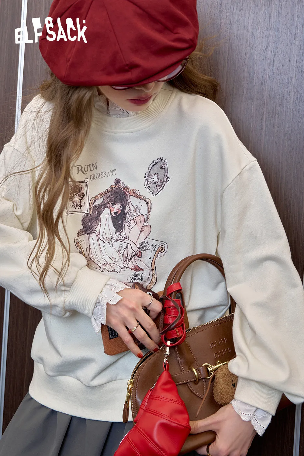ELFSACK 2024 Autumn New Arrive Lace stitched casual printed round neck hoodie for women, loose fit and slimming top