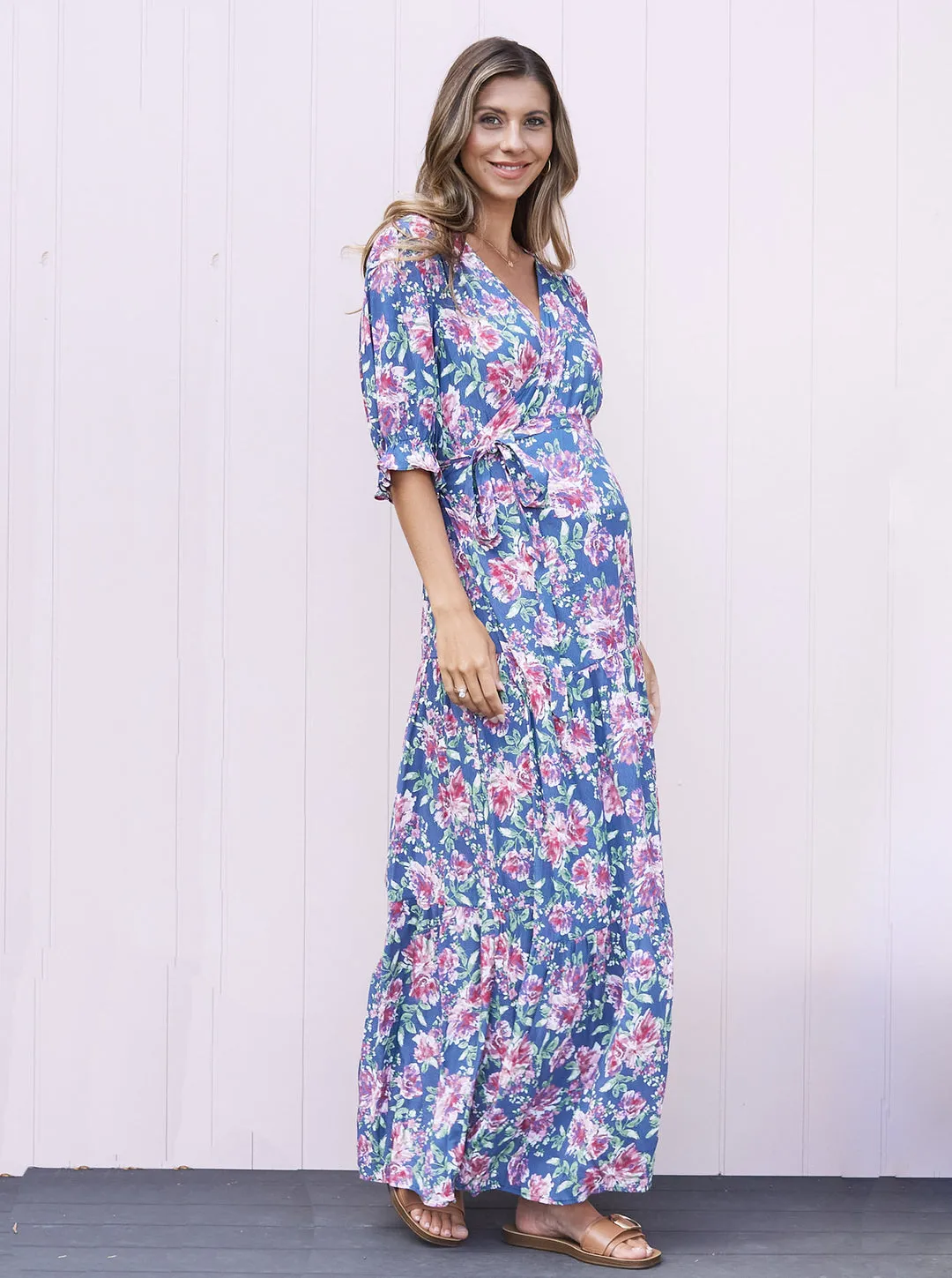 'Elise' Maternity Wrap Dress - Blue Floral