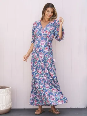 'Elise' Maternity Wrap Dress - Blue Floral