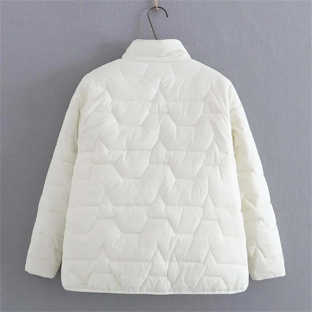 Fall Winter Parka Women Simple Stand Collar Cotton Padded Coat Geometric Pattern Warm Jacket