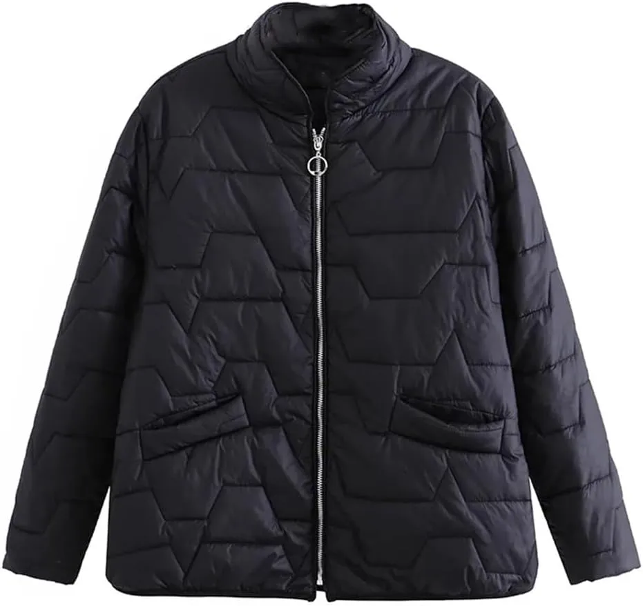 Fall Winter Parka Women Simple Stand Collar Cotton Padded Coat Geometric Pattern Warm Jacket