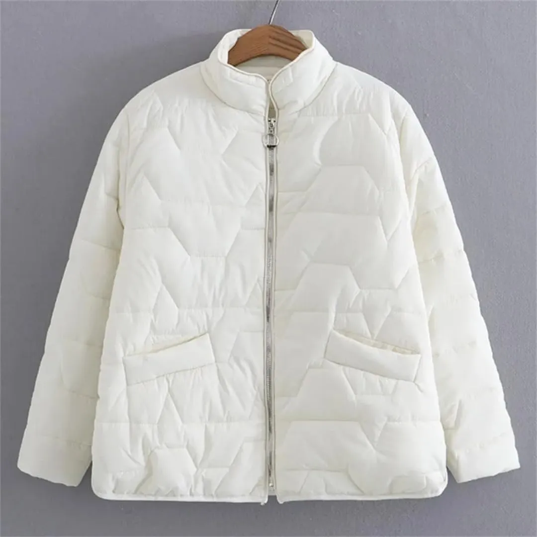 Fall Winter Parka Women Simple Stand Collar Cotton Padded Coat Geometric Pattern Warm Jacket