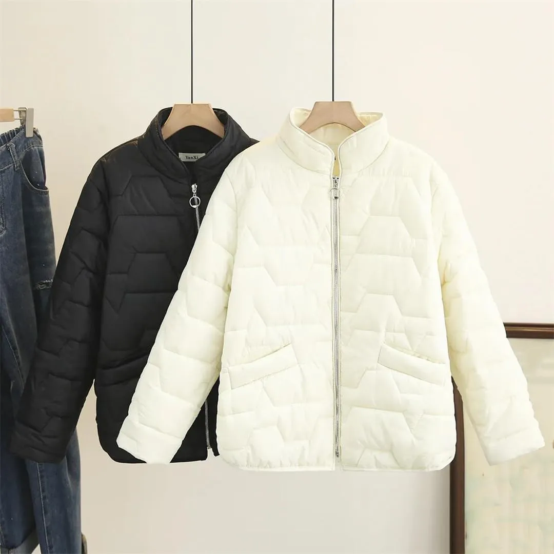 Fall Winter Parka Women Simple Stand Collar Cotton Padded Coat Geometric Pattern Warm Jacket