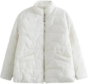 Fall Winter Parka Women Simple Stand Collar Cotton Padded Coat Geometric Pattern Warm Jacket