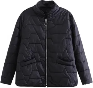 Fall Winter Parka Women Simple Stand Collar Cotton Padded Coat Geometric Pattern Warm Jacket