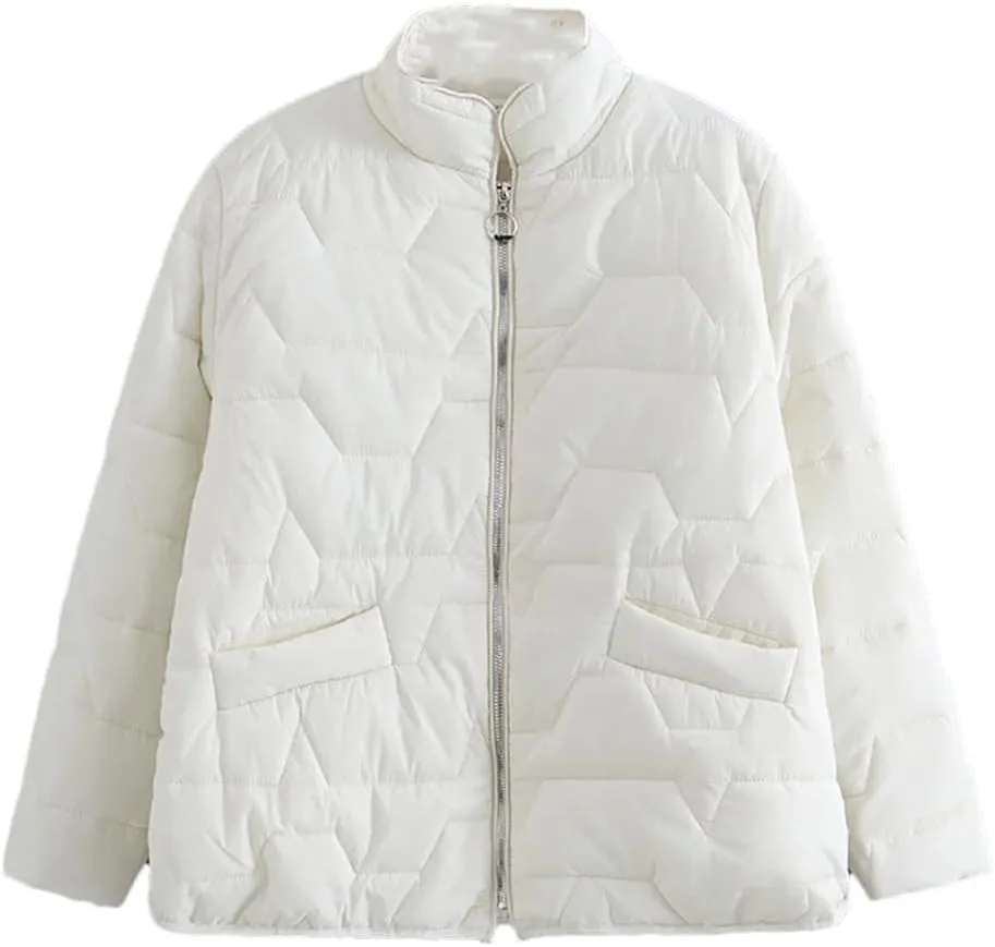 Fall Winter Parka Women Simple Stand Collar Cotton Padded Coat Geometric Pattern Warm Jacket