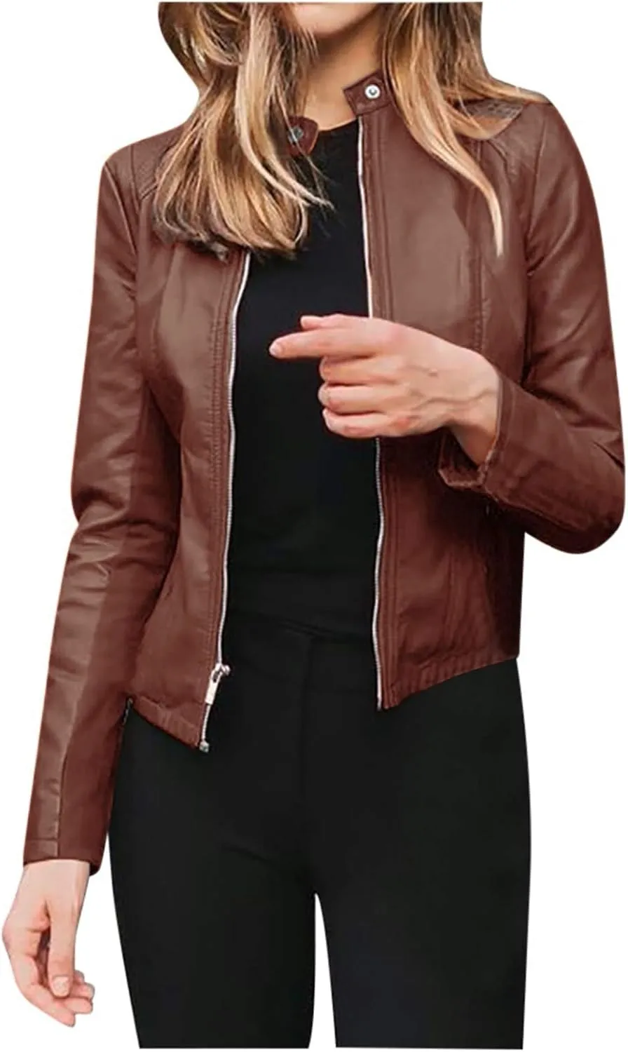 Faux Leather Jackets Women PU Moto Biker Motocycle Outwear Coat Dressy Casual Long Sleeve Zip Up Fall Fashion Jacket