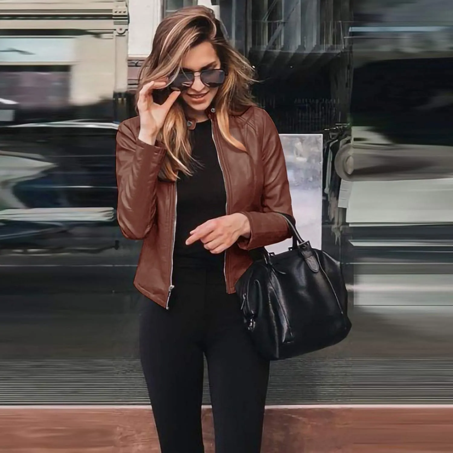 Faux Leather Jackets Women PU Moto Biker Motocycle Outwear Coat Dressy Casual Long Sleeve Zip Up Fall Fashion Jacket