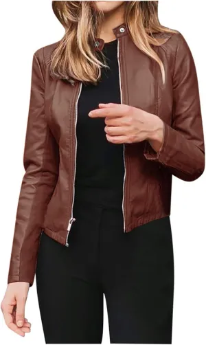 Faux Leather Jackets Women PU Moto Biker Motocycle Outwear Coat Dressy Casual Long Sleeve Zip Up Fall Fashion Jacket