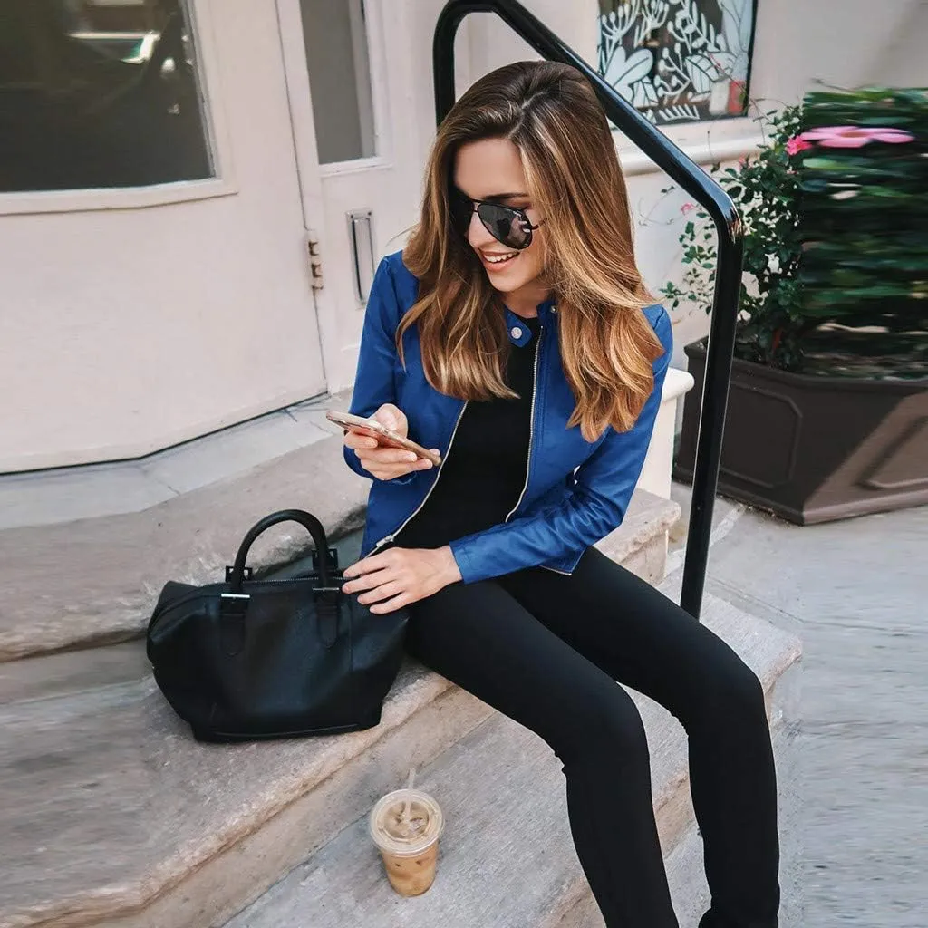 Faux Leather Jackets Women PU Moto Biker Motocycle Outwear Coat Dressy Casual Long Sleeve Zip Up Fall Fashion Jacket