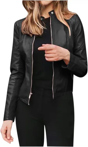 Faux Leather Jackets Women PU Moto Biker Motocycle Outwear Coat Dressy Casual Long Sleeve Zip Up Fall Fashion Jacket